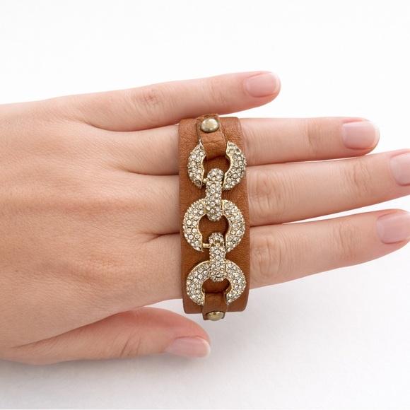 The Unbranded Brand Jewelry - Vintage Brown Leather Rhinestone Chain Link Bracelet Western Boho Statement Cuff